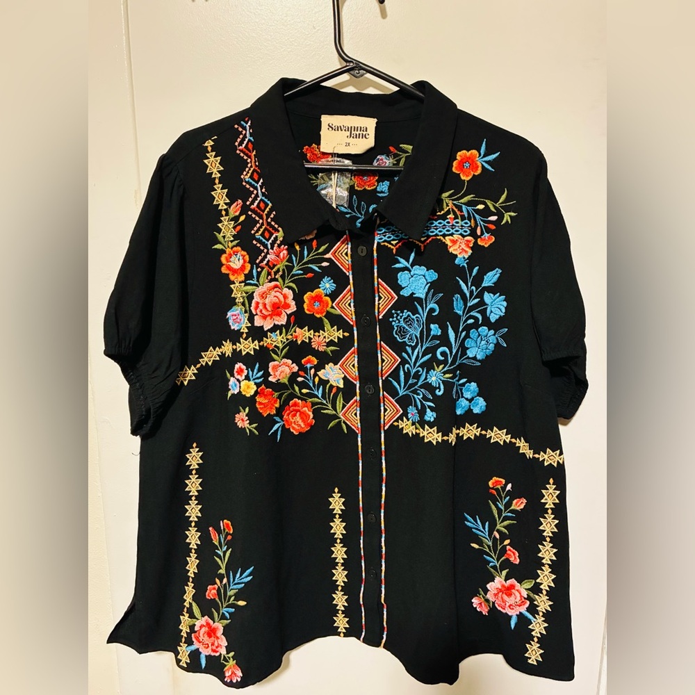 Savanna Jane Black Floral Embroidered Women's Top